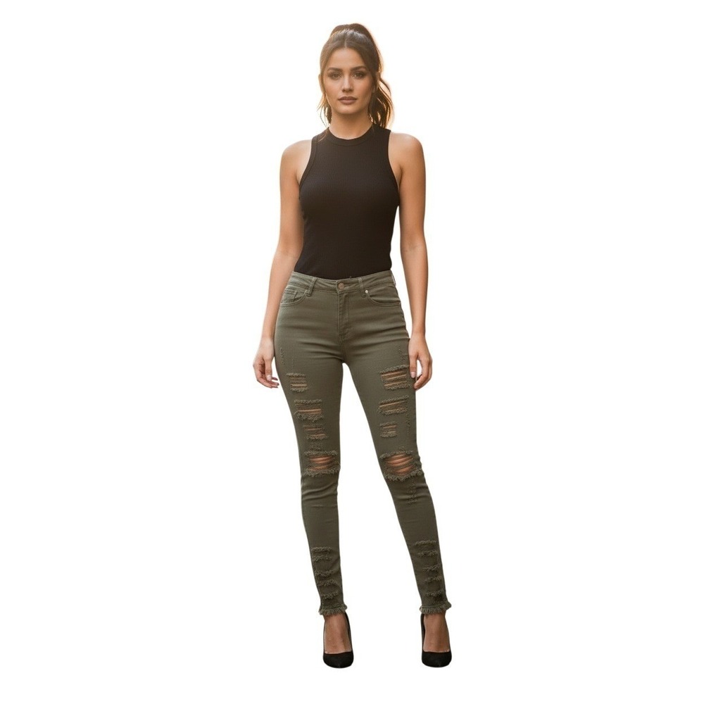 VIP JEANS Women's Olive Green Distressed‎ Ripped Skinny Jeans Edgy Streetwear 28